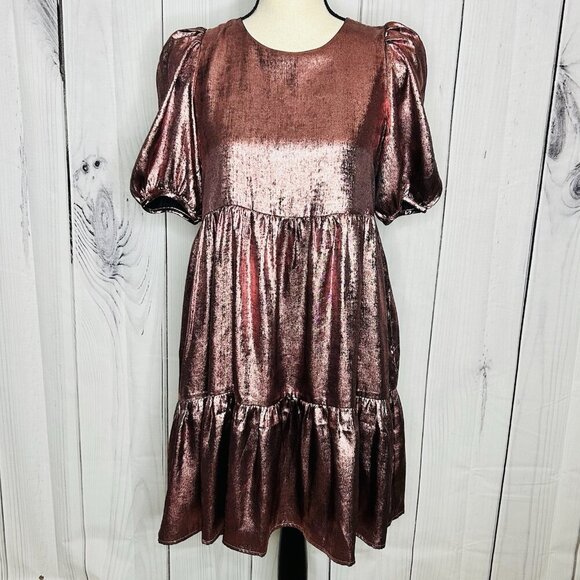 TCEC Metallic Dusty Rose Babydoll Dress Tiered Short Sleeves Size S - Picture 1 of 9